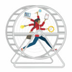 Woman running in stressful situation, running in hamster wheel with arms as Shiva. Multipel stress, prisoner in multitasking situation. Chaos, stress and to much deadlines.
