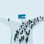 One man taking the less traveled road while crowd follows same path, individuality, courage, choice, independence - 3d render