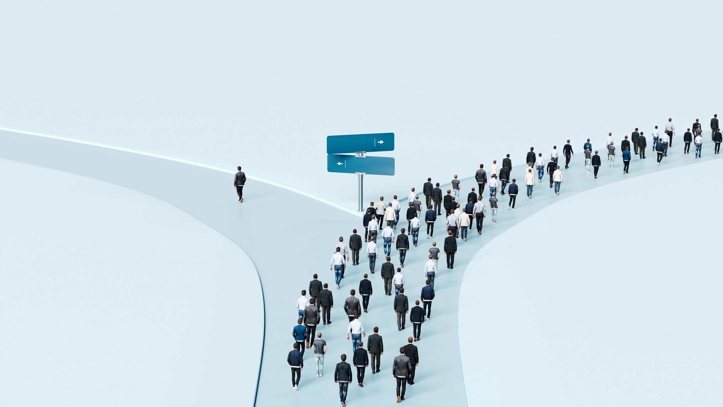 One man taking the less traveled road while crowd follows same path, individuality, courage, choice, independence - 3d render