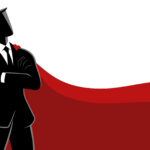 Businessman as a superhero, wearing a magnificent red cape and posing gallantly with arms crossed. Symbolize confidence, strength, and exceptional leadership in the corporate world