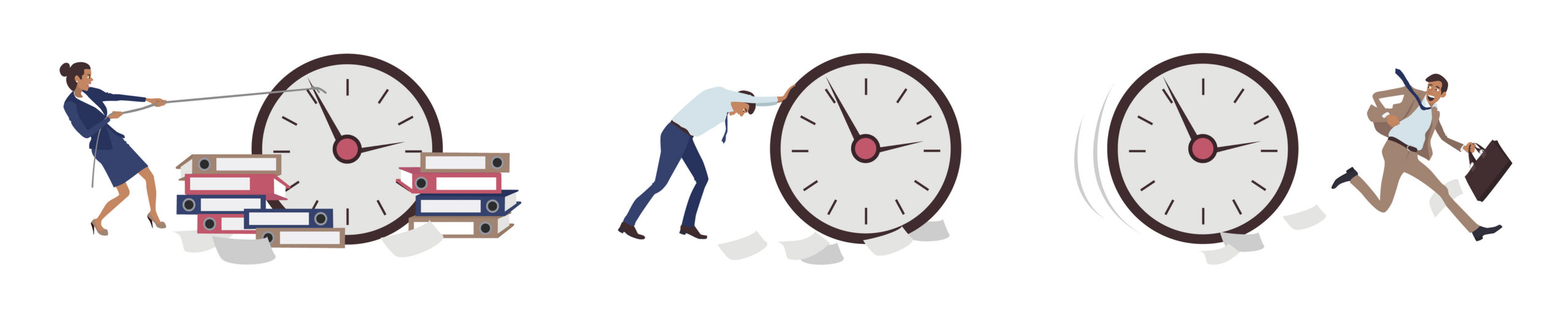 Set of different cartoon characters meeting with deadlines. Problems with time management. People feeling stressed and pressured by lack of time. Vector